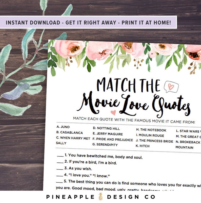 bridal shower games printable match the movie love quotes etsy