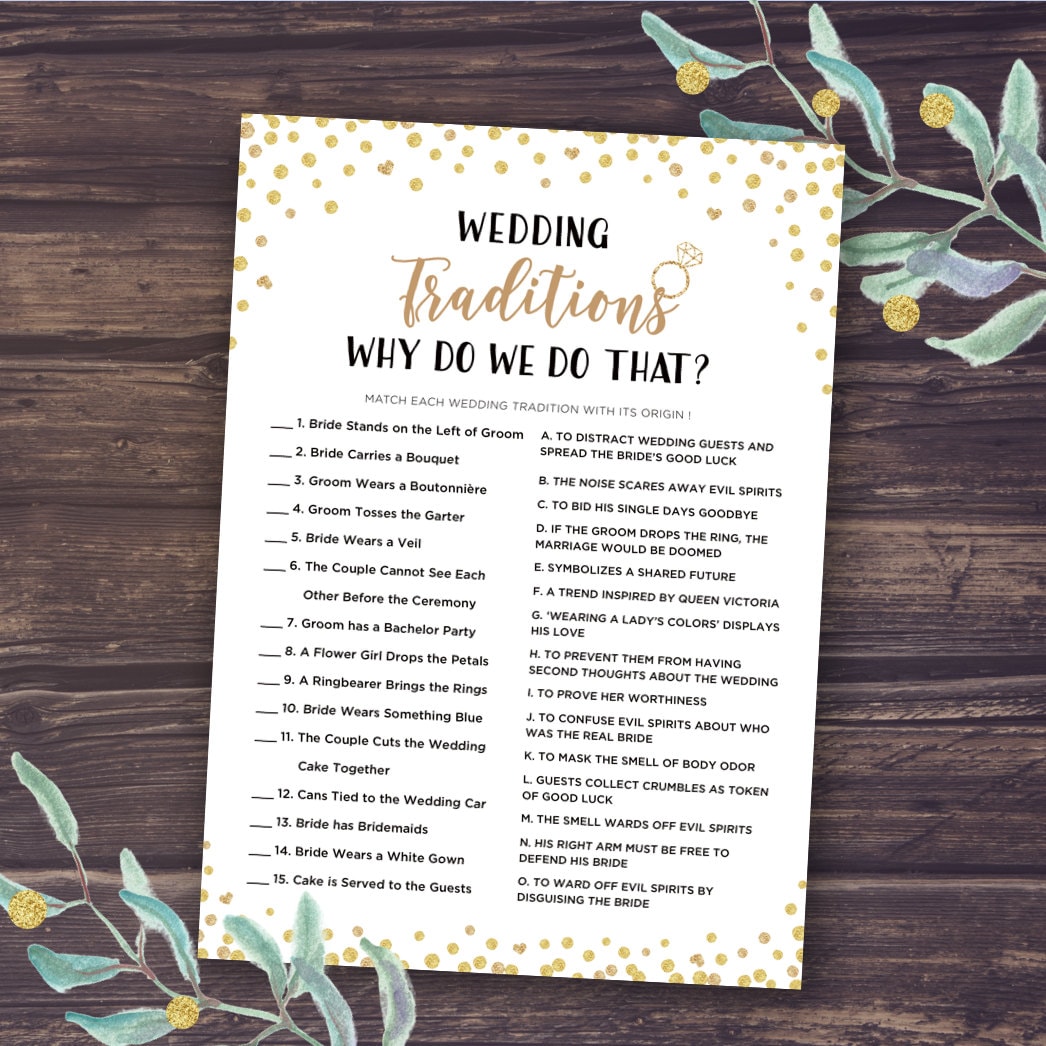 Why Do We Do That Game, Wedding Traditions Guessing Game Printable, Bridal Shower Trivia Games, Instant Download, Gold Confetti, Mason Jar