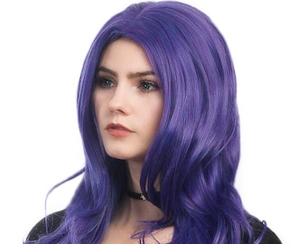 May include: A long, wavy purple wig with a dark purple shade. The wig is styled with loose waves and falls to the shoulders.