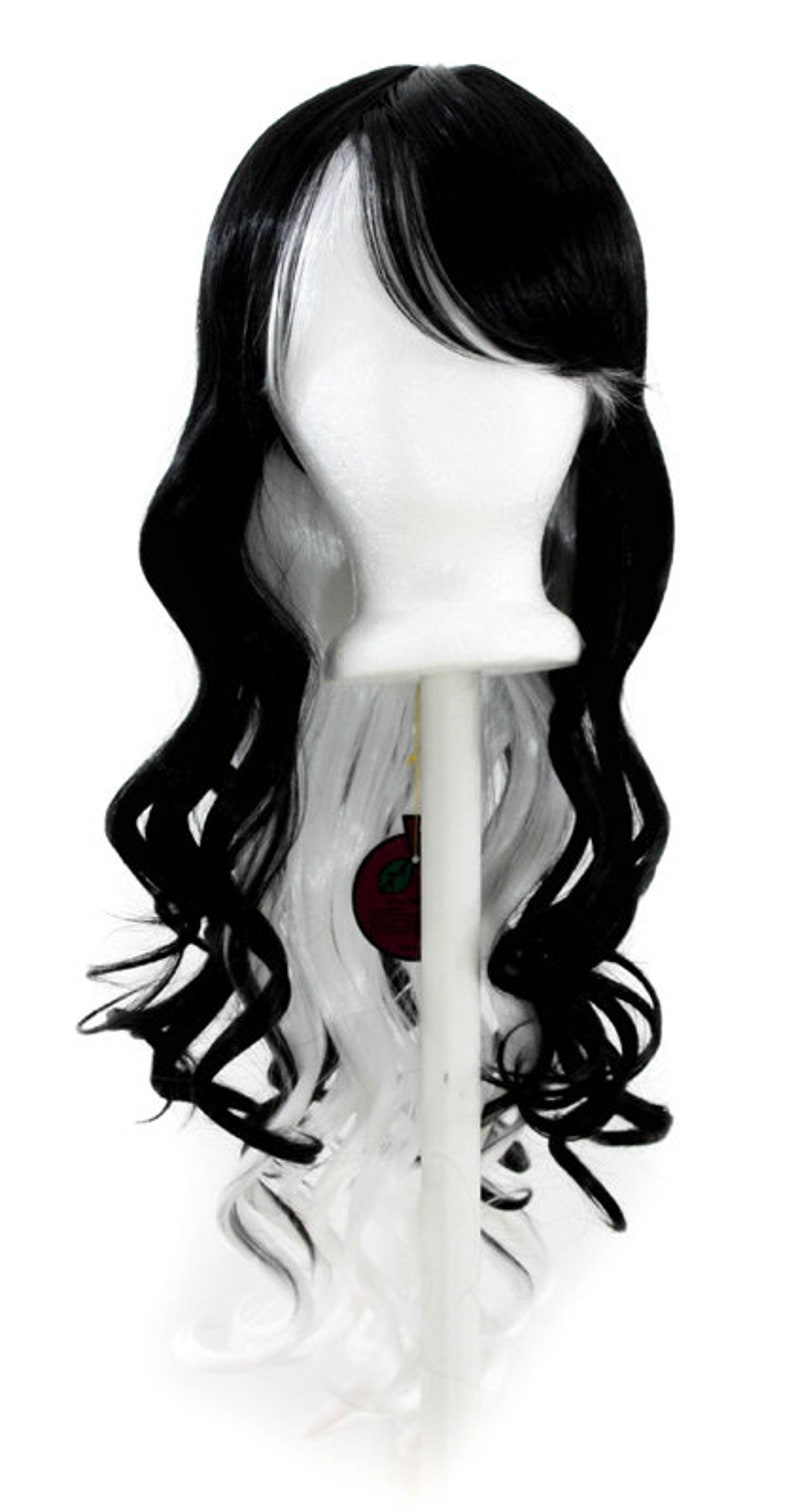 Multi-Colored Long Curly Cut Graceful Princess Cosplay Wig w/ Long Bangs Nia Black/White