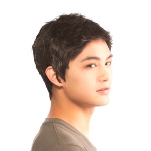 May include: A short, dark brown wig with a textured, choppy style. The wig is styled with a side part and has a natural-looking finish.