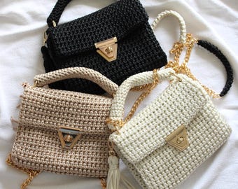 Handmade Crochet Shoulder Bag: Ribbon Purse with Gold Chain