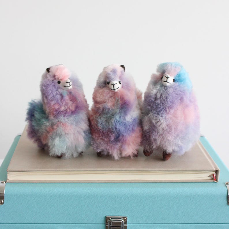 Multi Colored Alpaca Fur Plushies, Small Lllama fluffy Toys - pink, light blue and lilac plushies