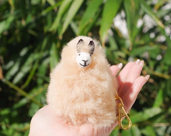 Handmade Alpaca Fur Llama Pom Pom Keychain, Beige Bag Charm.
