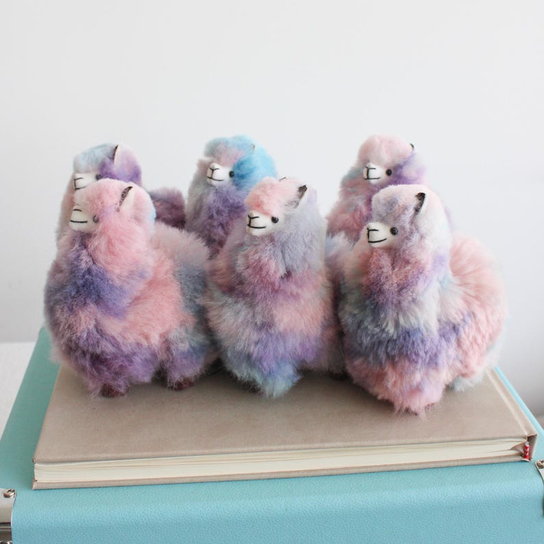 Multi Colored Alpaca Fur Plushies, Small Lllama fluffy Toys - pink, light blue and lilac plushies