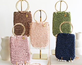 Crochet Small Bag with circular handles and gold chain - Lightweight Purse for spring