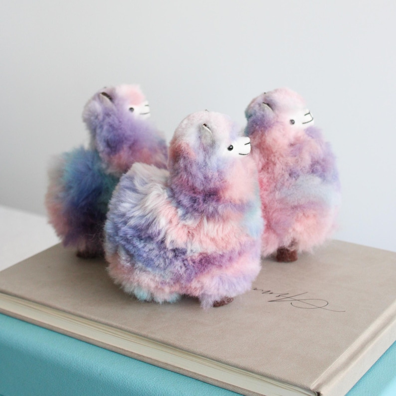 Multi Colored Alpaca Fur Plushies, Small Lllama fluffy Toys - pink, light blue and lilac plushies