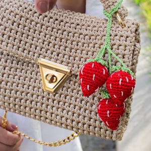 Crochet Strawberry Keychain:  Fruit Keychain - Handmade