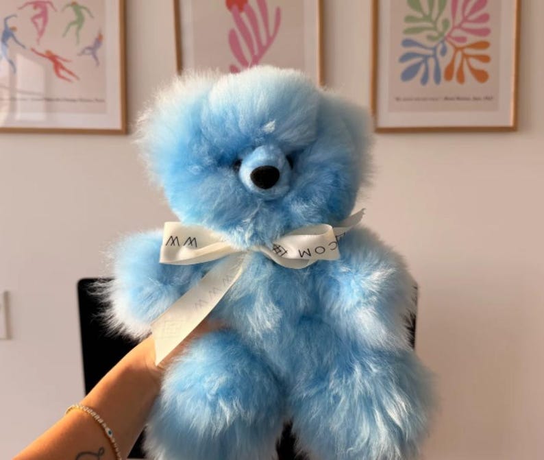 Pu&ograve; includere: Un soffice orsacchiotto azzurro con naso e occhi scuri, caratterizzato da un nastro bianco legato attorno al collo. Il nastro riporta la scritta 'WWW' e 'COM' in caratteri neri. L'orsacchiotto ha un aspetto morbido e testurizzato.