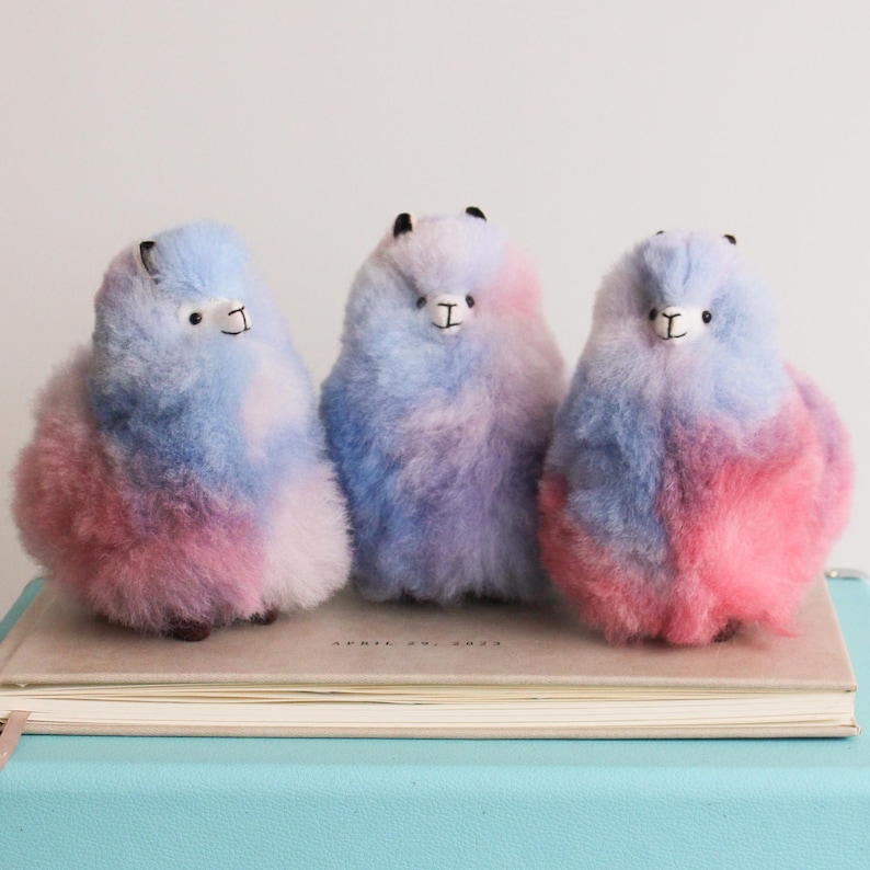 Multi Colored Alpaca Fur Plushies, Small Lllama fluffy Toys - pink, light blue and lilac plushies