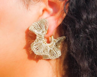 Gold Crochet Beige Wire Hoop Earrings: Lightweight Ruffled Statement Jewelry