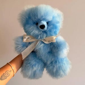 Handmade Alpaca Fur Teddy Bear: Soft Plushie, Hypoallergenic Gift (12")in Blue