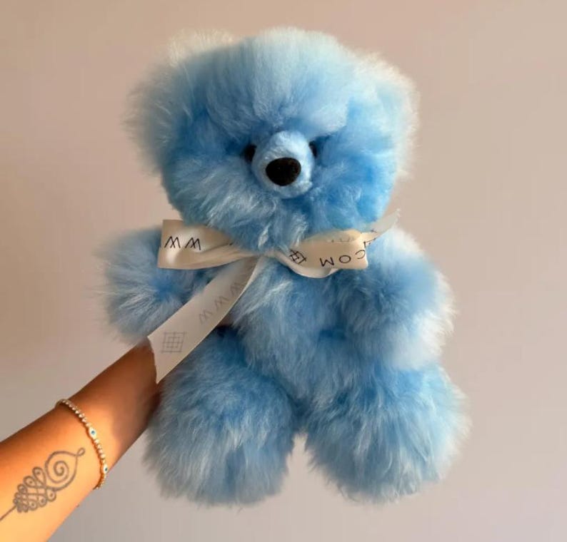 Handmade Alpaca Fur Teddy Bear: Soft Plushie, Hypoallergenic Gift (12")in Blue
