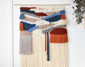 Très grande tenture murale tissée - Tapisserie bohème moderne en laine, fibre artistique texturée, décoration murale faite main pour salon ou chambre à coucher