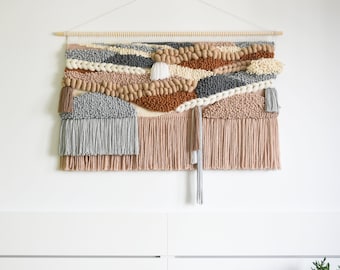 XL LARGE, minimalistic yarn wall hanging, modern textile art, perfect to bedroom, abstract 3D decor in beige, fiber yarn 3d tapestry