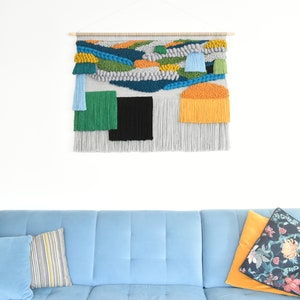 Extra large, minimalistic yarn wall hanging, modern textile art, perfect for the bedroom, abstract 3D colorful decor, fiber yarn tapestry