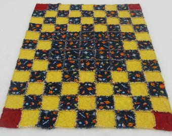 Outer Space Navy and Yellow Flannel Rag Quilt