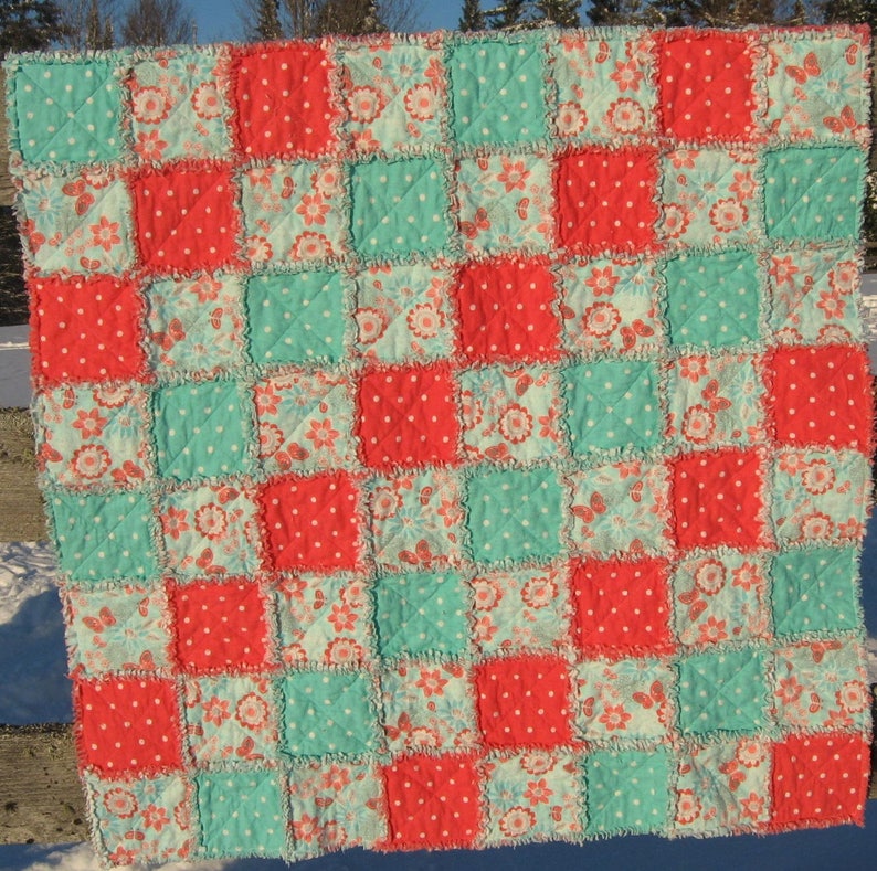 Coral and Aqua Flannel Rag Quilt with flowers, butterflies and polka dots