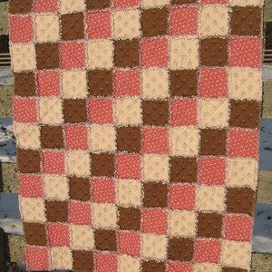 Pink/Brown/Cream Reproduction Print Flannel Rag Quilt//Wuzzy//Antique Style//Old-Fashioned Charm//Warm and Cozy Blanket//Unique Gift Item