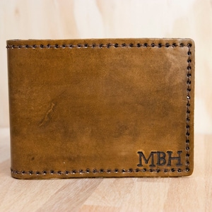 Distressed Leather Wallet with Engraved Monogram Initials Mens Classic Bifold Style in Antique Brown Third Anniversary Gift for Him image 1