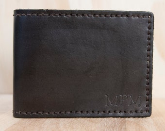 Personalized Mens Leather Wallet - Monogram Bifold Wallet  - Chocolate Brown Leather - Third Anniversary Gift