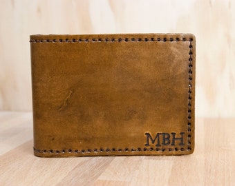 Distressed Leather Wallet with Engraved Monogram Initials - Mens Classic Bifold Style in Antique Brown - Third Anniversary Gift for Him