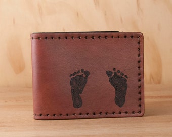 Mens Custom Leather Bifold Wallet Personalized with Your Baby's Footprint - First Father's Day or New Dad Gift - Mahogany - Handmade