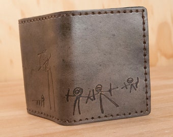 Mens Custom Leather Wallet - Personalized Trifold Wallet With Your Child's Artwork - Antique Black - Father's Day Gift from Kids - New Dad