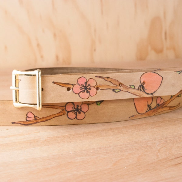 Custom Leather Ukulele or Mandolin Strap - 1" wide - Peachtree Pattern with Custom Inscription - Flowers in Pink and Antique Brown