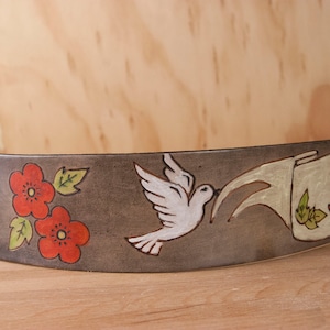 Custom Leather Guitar Strap: Dove, Flowers, Personalized Inscription