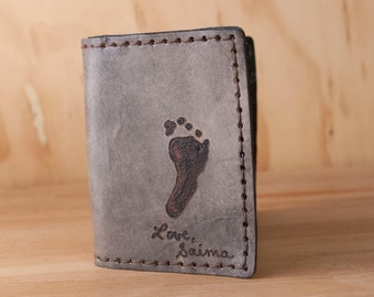 Mens Custom Leather Trifold Wallet with Baby Footprint and Inscription - New Dad Gift or First Father's Day Gift - Antique Black