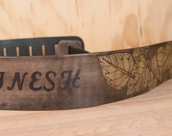 Guitar Strap - Personalized Leather Guitar Strap with Name and leaves in antique black and green  - For Acoustic or Electric Guitars