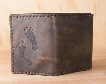 Mens Custom Leather Trifold Wallet with Baby Footprint and Monogram - New Dad Gift or First Father's Day Gift - Antique Black