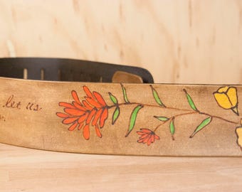 Personalized Guitar Strap - Acoustic or Electric Guitars - Wildflower Pattern with Custom Inscription - Red, Yellow, Green and antique brown