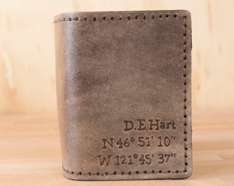 Custom Mens Wallet - Leather Trifold with Coordinates in the Find Me Here pattern in Antique Black - Third Anniversary Gift