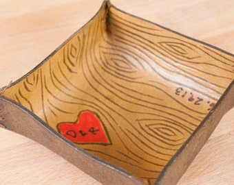 Custom Valet Tray - Leather Catchall in the Nice Pattern with Woodgrain and Heart  - Wedding or Third Anniversary Gift