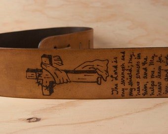 Personalized Guitar Strap - Handmade Leather with Cross, Barbed Wire and Scripture - For Acoustic or Electric Guitars - Third Annviersary