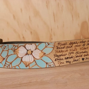 Custom Leather Ukulele Strap: Hand-Inscribed Dogwood Flowers