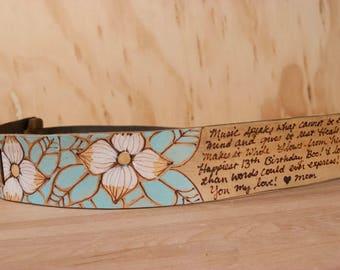 Custom Ukulele Strap - Leather for Ukulele or Mandolin in the Rebecca pattern with inscription and dogwood flowers - Sage and antique brown