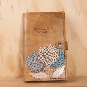 Personalized Leather Journal: Hand-Branded Inscription & Hydrangeas - Moleskine Cover