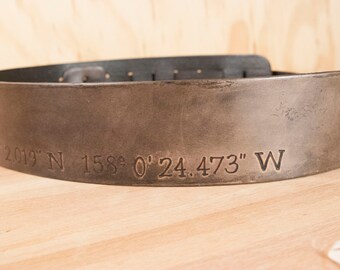 Guitar Strap - Leather with personalized GPS coordinates - Find Me Here Pattern - for Acoustic or Electric Guitars - Third Anniversary Gift
