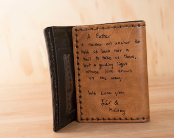 Mens Custom Leather Trifold Wallet with Secret Inscription in your handwriting + Monogram - Third Anniversary Gift For Him in Antique Black