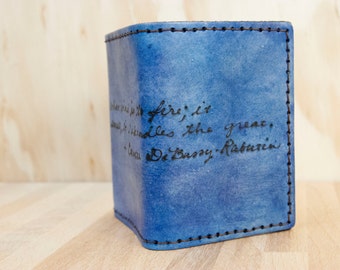 Custom Mens Wallet - Personalized Trifold Leather Wallet in the Smokey Pattern with inscription - Blue - Third Anniversary Gift