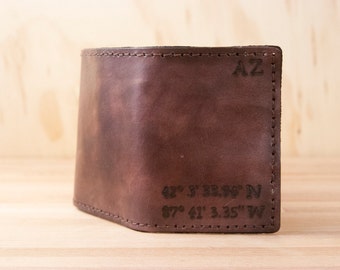 Custom GPS Coordinate Wallet - Mens Custom Leather Trifold in the Find Me Here pattern in Mahogany - Third Anniversary Gift
