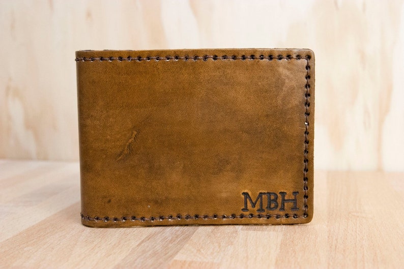 Distressed Leather Wallet with Engraved Monogram Initials Mens Classic Bifold Style in Antique Brown Third Anniversary Gift for Him image 1