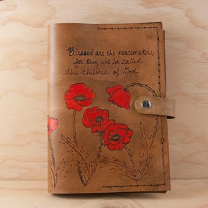 Custom Engraved Bible Cover - Leather with Poppies and Personalized Inscription - Antique Brown - Third Anniversary Gift for Him or Her