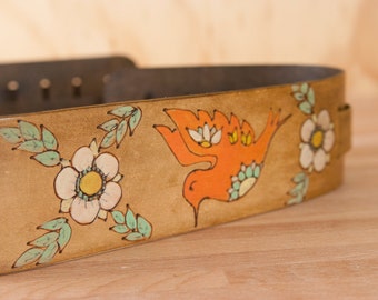 Guitar Strap - Personalized Leather Guitar Strap in the Smokey Pattern with Hummingbird and Flowers - For Acoustic or Electric Guitars