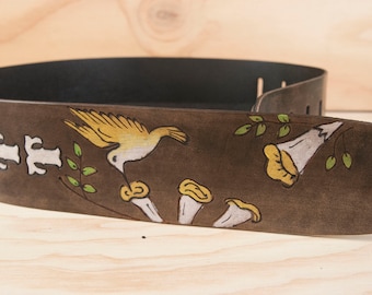 Guitar Strap - Custom Leather with Hummingbird, Flowers, Name, Personalized Inscription - Third Anniversary Gift for Musician