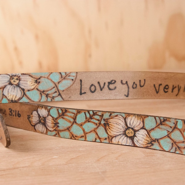Handwriting Keepsake  - Mandolin Strap with Custom Inscription in Your Handwriting - Sue pattern - Leather with Flowers and Butterflies