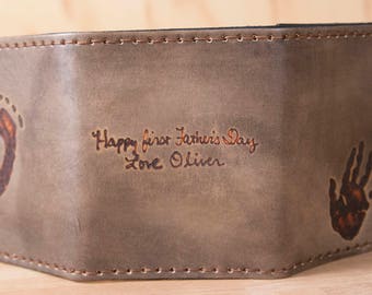 Mens Custom Leather Wallet - Personalized Trifold Wallet With Actual Footprint and Inscription - Antique Black - Father's Day Gift - New Dad